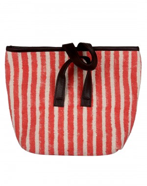 Striped Printed Peach Cotton And Durrie Tote Bag