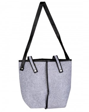 Gray Dyed Solid Felt And Faux Leather Tote Bag