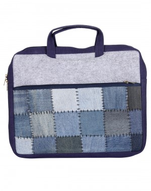 Blue Patch Work Checkered Cotton And Denim Laptop Bag