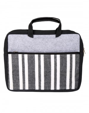 Striped Hand Block Printed Black Cotton And Durrie Laptop Bag