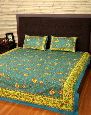 Floral Printed Pine Green Cotton Bed Sheet (Set Of 3 Pcs)