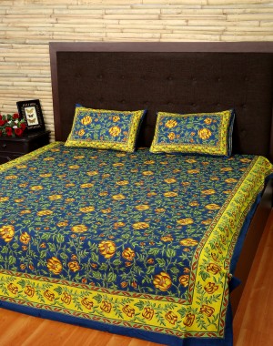 Floral Printed Navy Blue Cotton Bed Sheet (Set Of 3 Pcs)