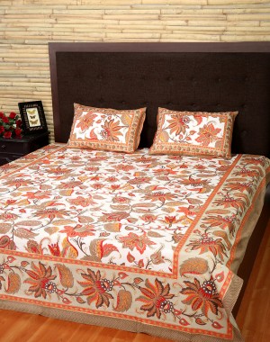 Floral Printed Off White Cotton Bed Sheet (Set Of 3 Pcs)