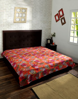 Floral Print Decorative Kantha Stitch Quilt Pure Cotton Reversible Bedspread Orange Gudri Queen Size Bedspread