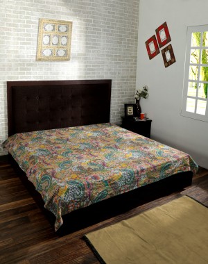 Indian Cotton Bedspread  Floral Print Kantha Stitch