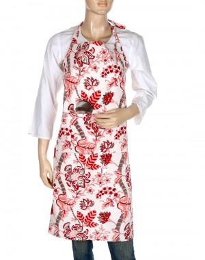 Floral Hand Block Printed Off White Cotton Apron