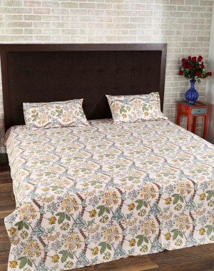 Floral Hand Block Printed Off White Cotton Bed Sheet (Set Of 3 Pcs)
