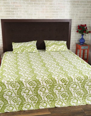 Floral Hand Block Printed Off White Cotton Bed Sheet (Set Of 3 Pcs)