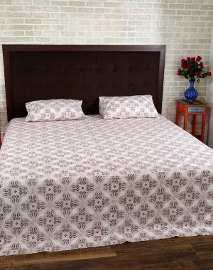 Leaves Hand Block Printed Off White Cotton Bed Sheet (Set Of 3 Pcs)