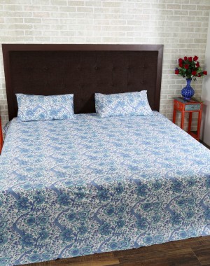 Floral Hand Block Printed White Cotton Bed Sheet (Set Of 3 Pcs)