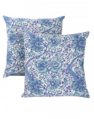 Floral Hand Block Printed White Cotton Cushion Cover