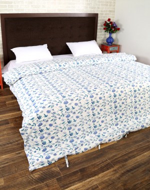 Floral Hand Block Printed White Cotton Duvet Cover