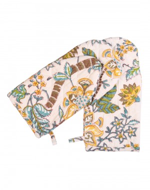 Floral Hand Block Printed Off White Cotton Oven Glove (Set Of 2 Pcs)