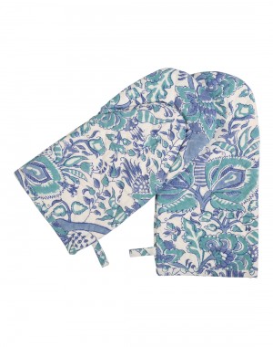 Floral Hand Block Printed White Cotton Oven Glove (Set Of 2 Pcs)
