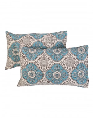Floral Hand Block Printed Off White Cotton Pillow Cover (Set OF 2)