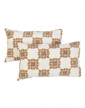 Floral Hand Block Printed Off White Cotton Pillow Cover (Set OF 2)