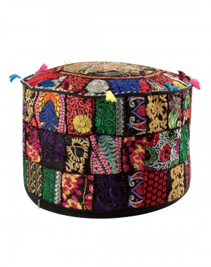 Bohemian Patch Work Ottoman Cover,Traditional Vintage Indian Pouf Floor/Foot Stool, Christmas Decorative Chair Cover,100% Cotton Art Decor Cushion,  