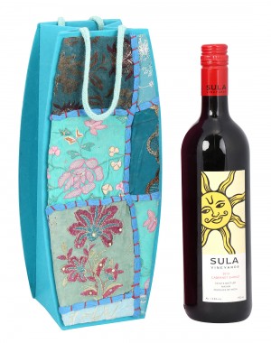Turquoise Cardboard Paper Floral Patch Work Wine Bottle Holder