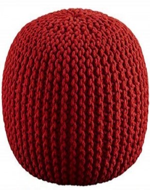Kids Room Indian Cotton Cord Stitched Round Pouf Seat Home Decorative Perfect Patio Ottoman, Red, 20x14"