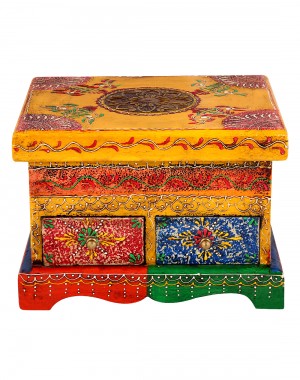 Yellow Metal Wood Two Drawers Painted Box