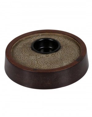 Paisley Embossed Brown Wood And Metal Candle Holder